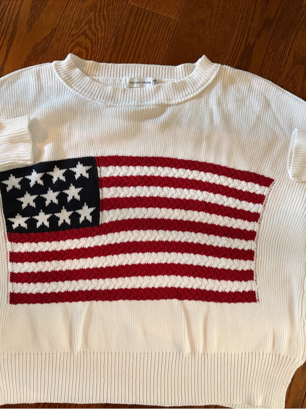 White Crew/boat neck Sweater with Red and Blue Flag Motif